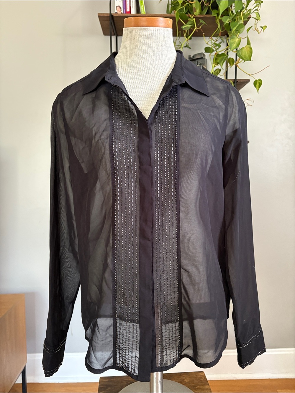 Guess Black Sheer Button-Front Blouse with Pintuck Detail